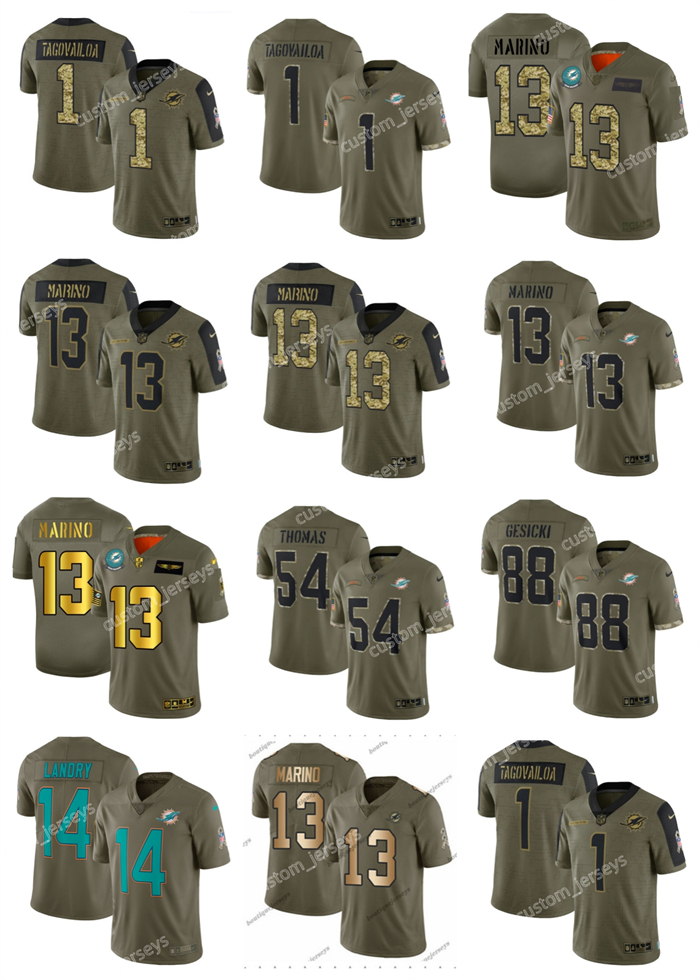 

Miami''Dolphins''Men Jersey Custom 1 Tagovailoa 13 Marino 17 Waddle 54 Thomas 88 Gesicki 14 Jarvis 2022 Olive Salute To Service Limited''NFL''Football Jerseys