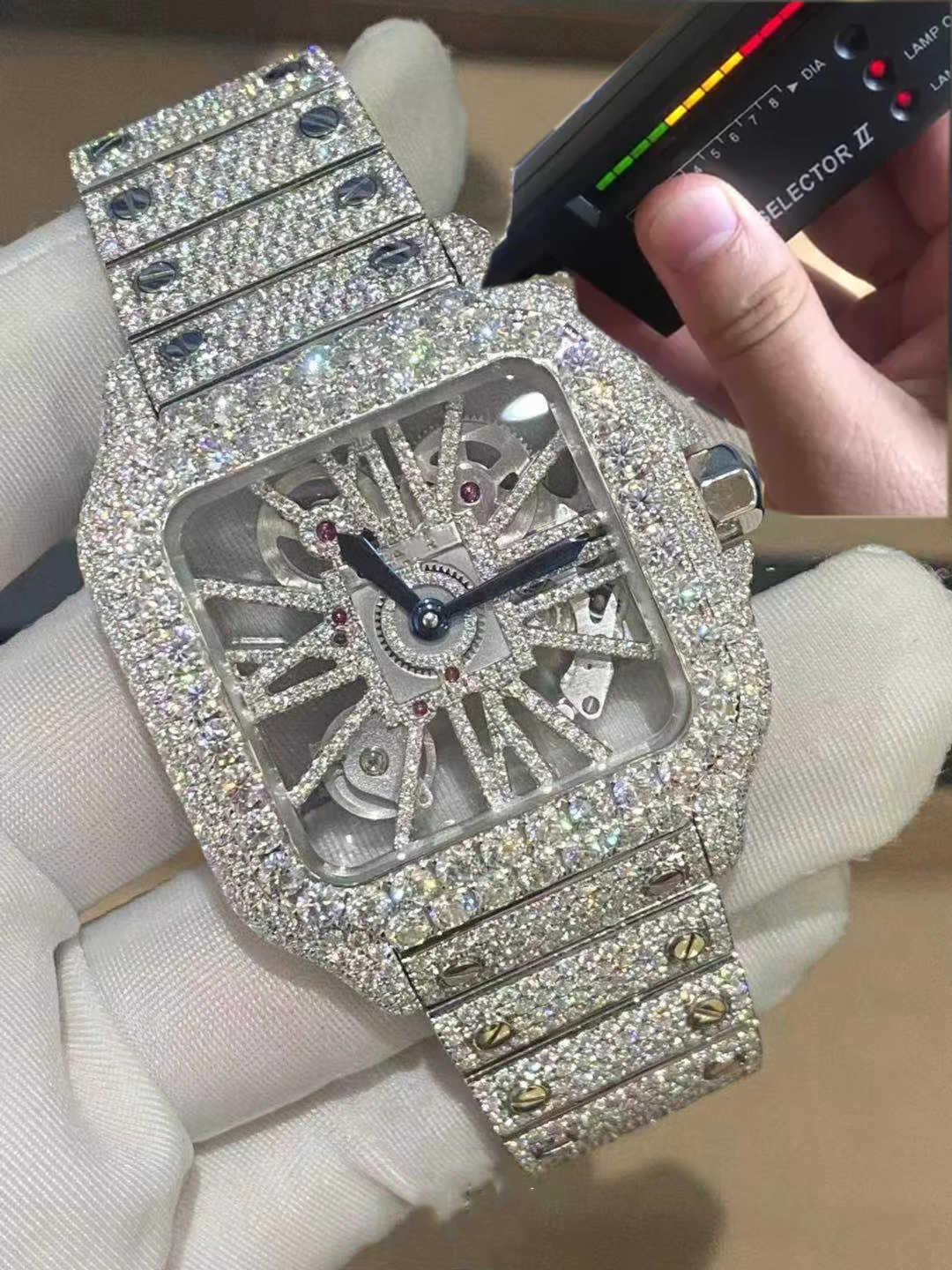 

Luxury Designer Custom Skeleton Silver Moissanite Diamond Watch Pass Tested Quartz Movement Top Men's Full Frozen Sapphire, Watch1