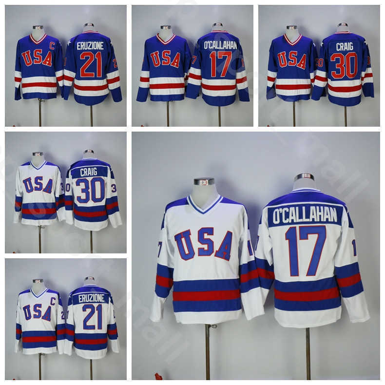 

1980 USA Ice Hockey 17 Jack Ocallahan Jersey Men Vintage 30 Jim Craig 21 Mike Eruzione Jerseys University All Stitched Blue Home White''Nhl''shirt, 17 white