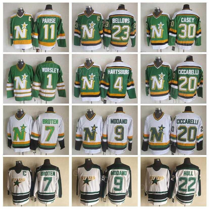 

Throwback Dalla Retro Stars Hockey 4 Craig Hartsburg Jersey 20 Dino Ciccarelli 1 Gump Worsley 11 JP PARISE 30 Jon Casey 9 Mike Modano 7 Neal''Nhl''shirt, White
