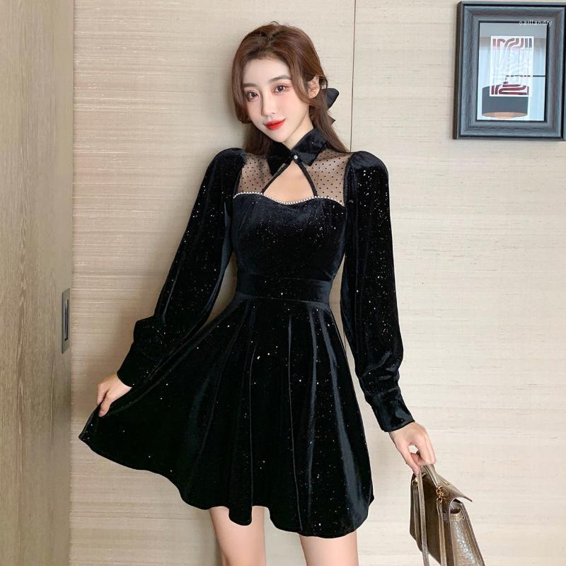 

Casual Dresses Women Elegant Dress Korean Patchwork Gauze Sexy Sequined Lace Y2K Robe Vintage Fashion Black Woman Party DressesCasual