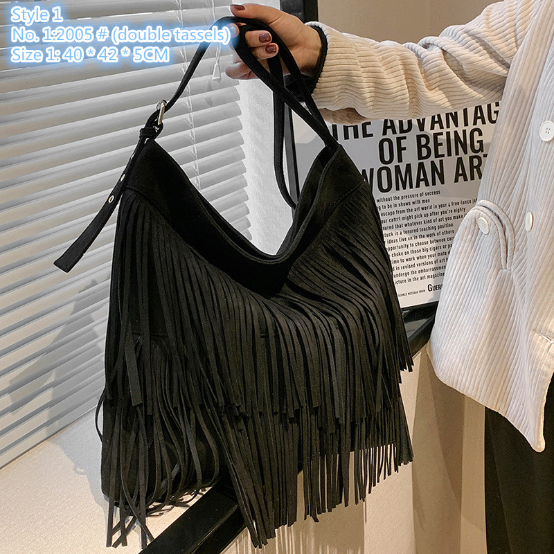 

Wholesale ladies shoulder bags 2 styles street personality tassels punk backpack simple retro matte jiaozi bag large capacity double tassel fashion handbag, Black-2259 # (single layer tassel)