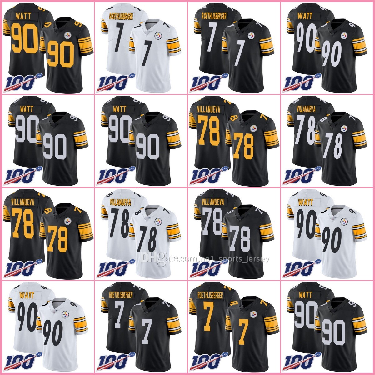 

Jersey Pittsburgh''Steelers''Men #78 Alejandro Villanueva 90 T. J. Watt 7 Ben Roethlisberger''NFL''Women Youth 100th Limited Jersey, 11