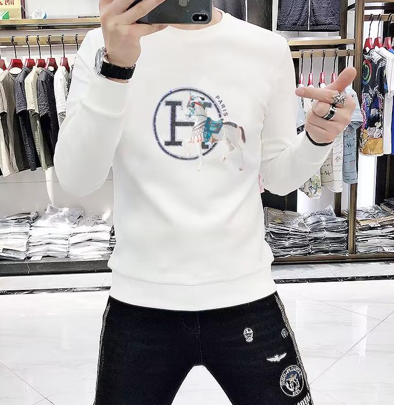

Spring paris men's pluz size sweatshirts men's round neck tide ins heavy industry H horse hot drill set long sleeve t-shirt men inner pullover fleece hoodie jacket, White2