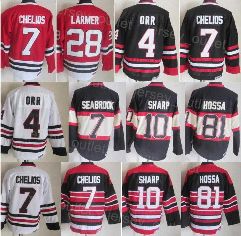 

Men Retro Hockey 4 Bobby Orr Jersey Vintage Classic 7 Chris Chelios 10 Patrick Sharp 81 Marian Hossa 28 Steve Larmer Black Red White Team''Nhl''shirt