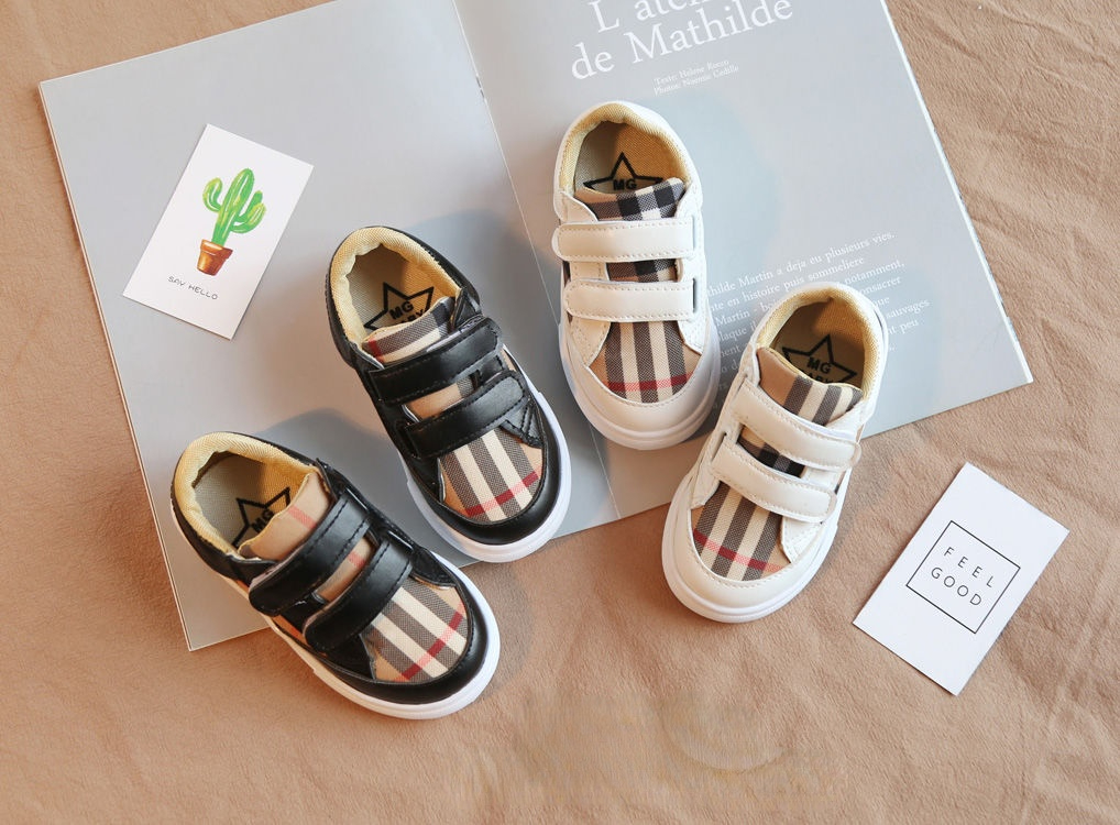 

Fashion Plaid Baby Canvas Shoes Lightweight Casual Boys Sneakers Korean Style Girls Skate Shoes PU Patchwork Kids, White
