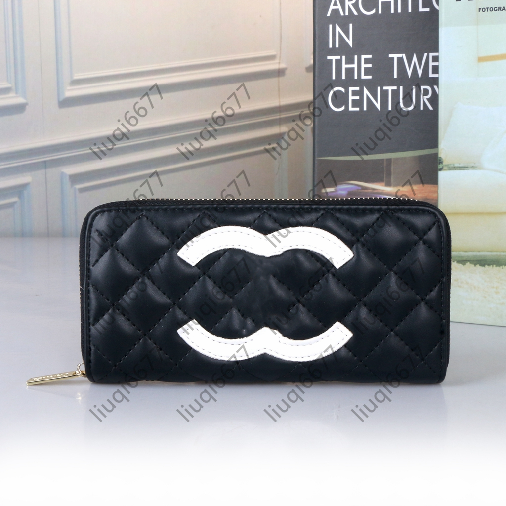 

Designer bags Wallets Leather Wallet Women men channel bags Zipper Long card holder Coin purses Iconic textured Long Zipper Wallets Coin Purse Card Case Holder, Black with black logo
