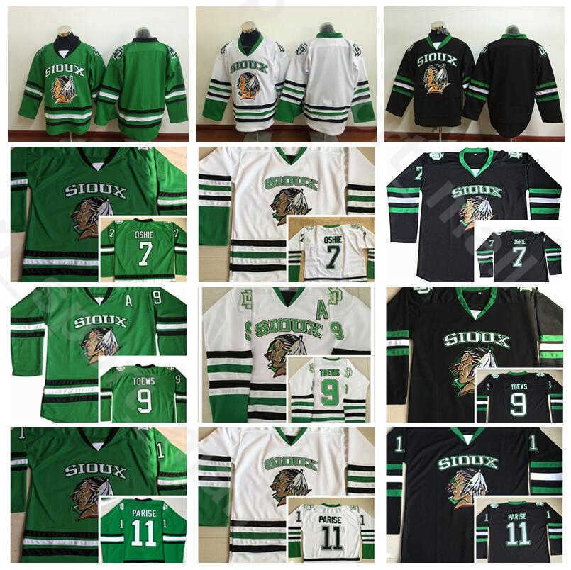

College Ice Hockey 7 TJ Oshie Jersey Men North Dakota Fighting Sioux Vinatge 9 Jonathan Toews 11 Zach Parise Stitched Black White Green''Nhl''shirt, 11 green
