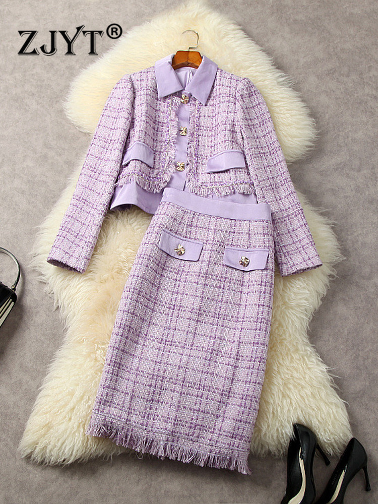 

Elegant Lady Autumn Winter Two Piece Dress Set for Women Fashion Plaid Tweed Woolen Jacket and Skirt Suit Purple Outfits Work