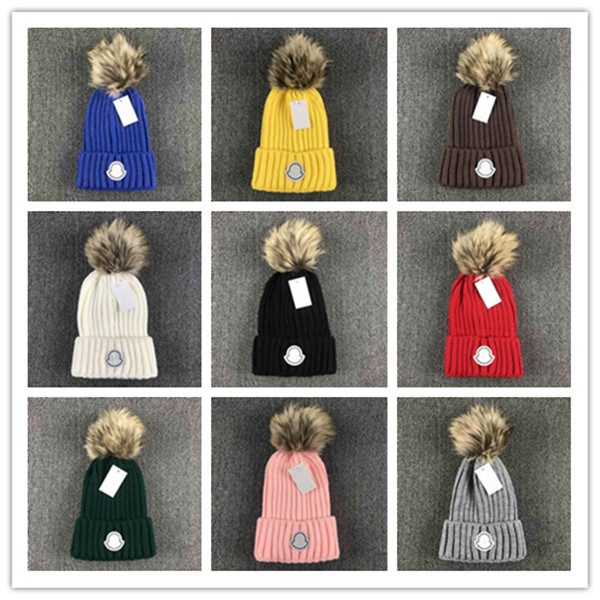 

Designer Winter Knitted Beanie Woolen Hat Women Chunky Knit Thick Warm faux fur pom Beanies Hats Female Bonnet Beanie Caps 11 colors