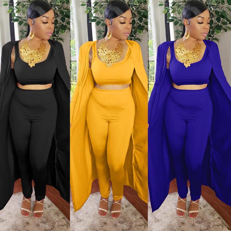 

Women' Two Piece Pants Women' Zaggin 2022 Autumn Women Solid 3-colors 3-Piece Set Sexy Lady O-neck Vest Full Sleeve X-long Coat, Black