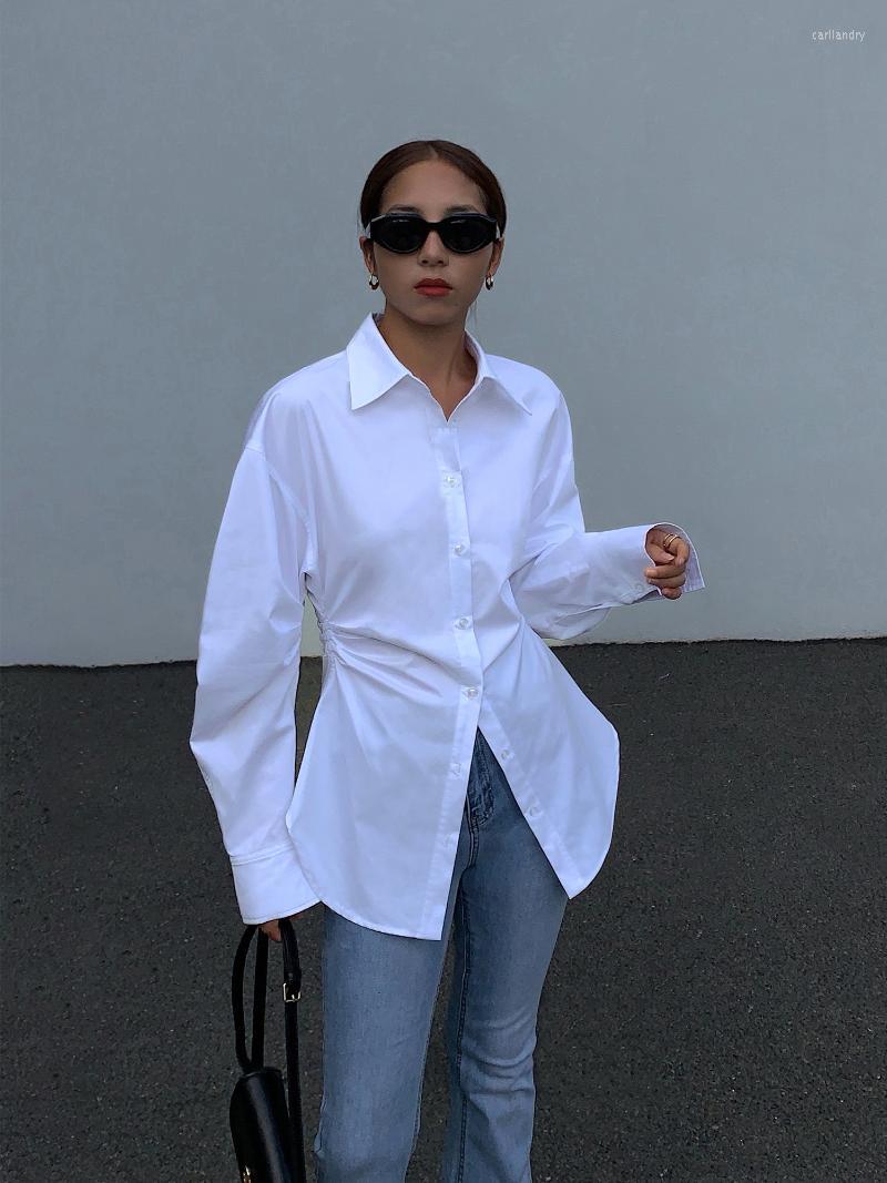 

Women' Blouses Women' & Shirts Elegant Women Slim White Lapel Pleated Female Full Sleeve Tops Casual OL Shirt Blusas 2022 Spring