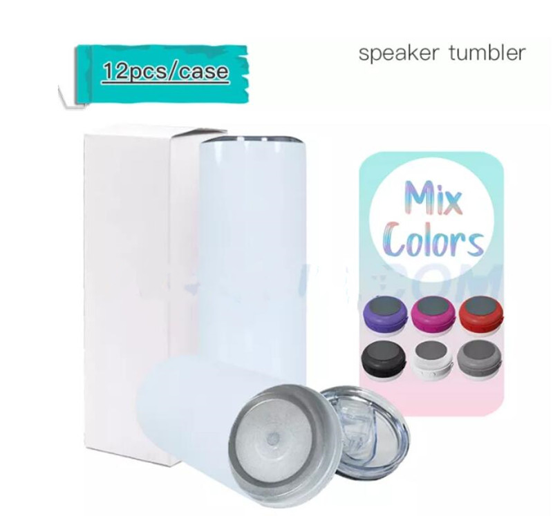 

US warehouse 20oz Sublimation Straight Skinny Tumblers With Bluetooth Speaker Small pack Blank White Double Wall 304 Stainless Steel Insulated Coffee Mug Z1, Mixed