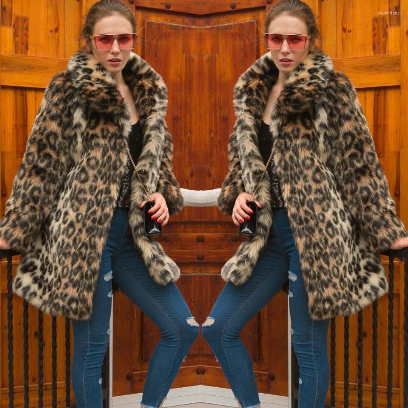

Women' Fur Women Long Leopard Faux Coats 2022 Winter Warm Hairy Mink Trench Pocket Coat Elegant Luxury Female Loose Jacket Overcoat, As photo