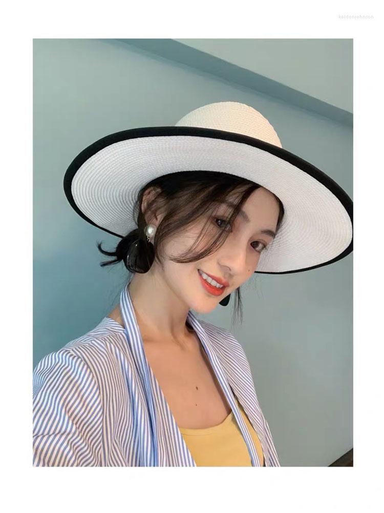 

Wide Brim Hats Spring And Summer Sun Straw Hat European American Retro Gold Braided Female Loose Sunscreen Sunshade Visors Cap, Black