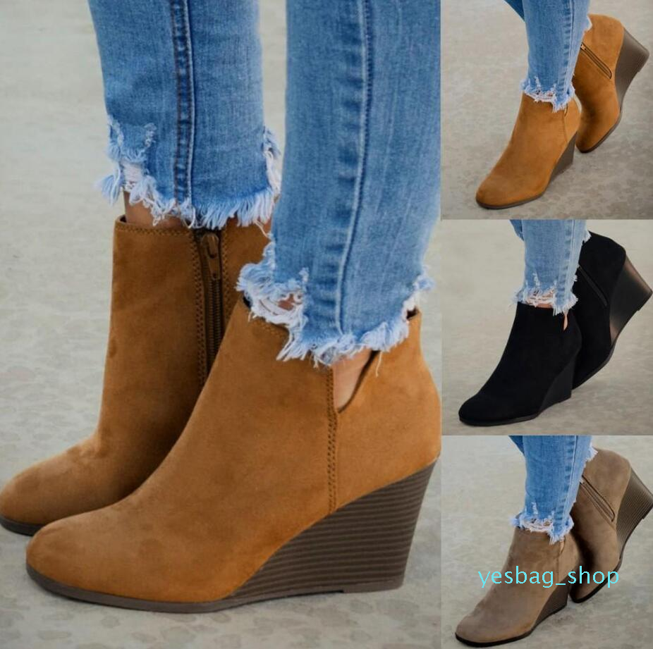 

Women Vintage Suede Leather Ladies Boots Fashion Women Suede Wedges Zipper Solid Color Short Booties Round Toe Shoes, Black