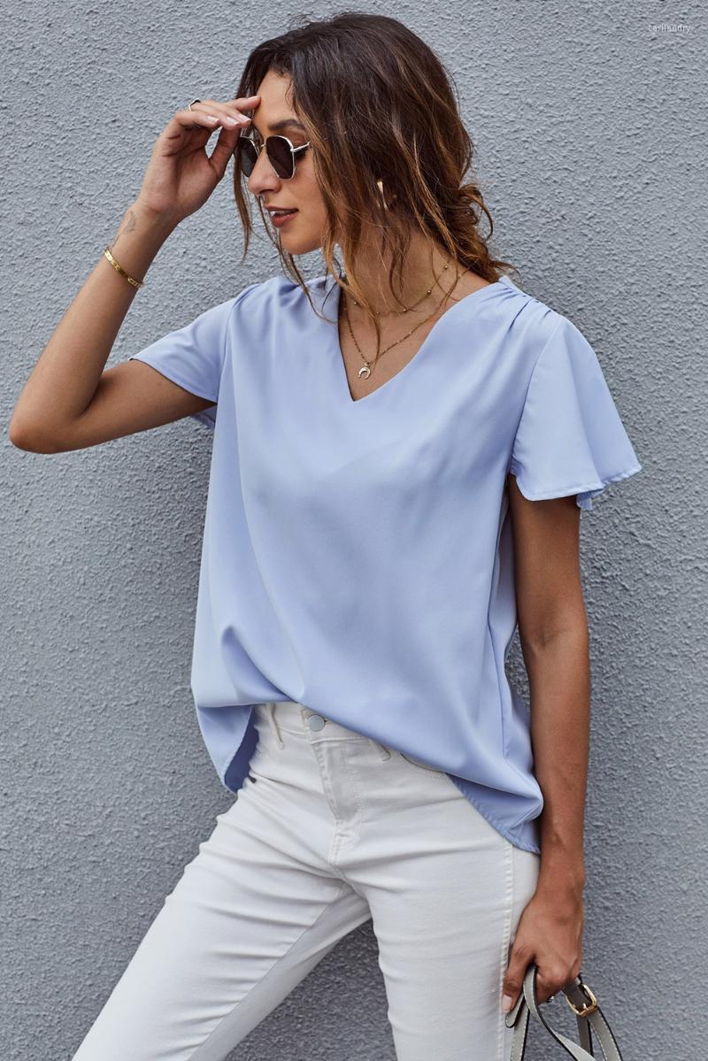 

Women' T Shirts Women' T-Shirt Solid Blue/Black V Neck Short Sleeve Tee Shirt Women Summer Flutter Casual ShirtsWomen