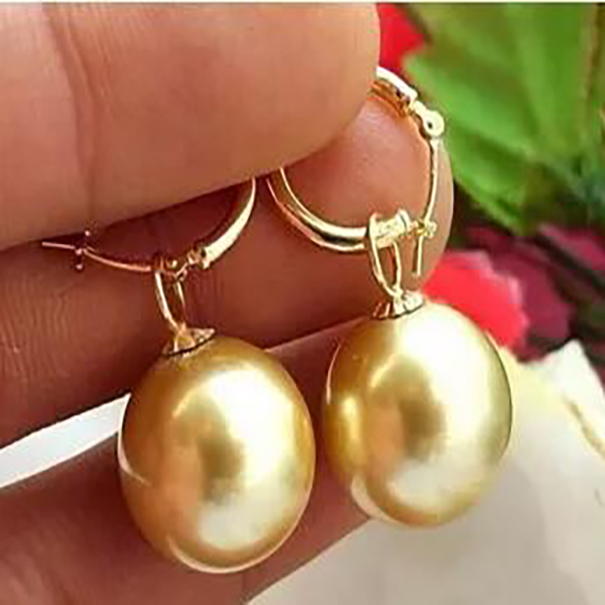 

fashion Large 16MM DRIP Golden/Black SOUTH SEA SHELL PEARL DANGLE EARRING