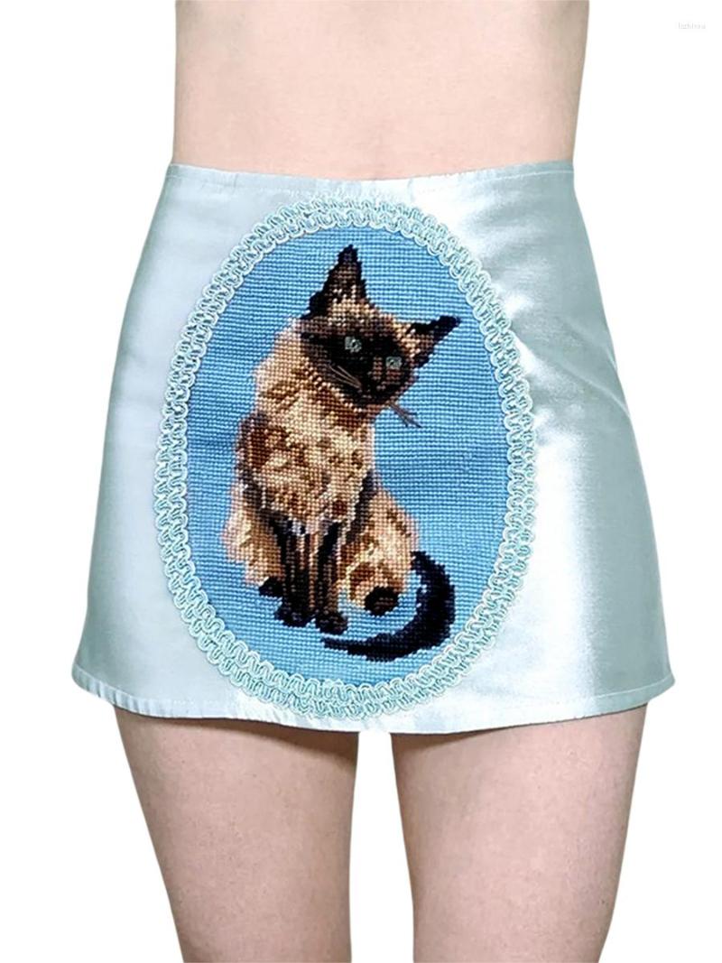 

Skirts Cute High Waist Mini Skirt For Teen Girls Summer Stretch Cat Print Beach Y2k Streetwear, Purple