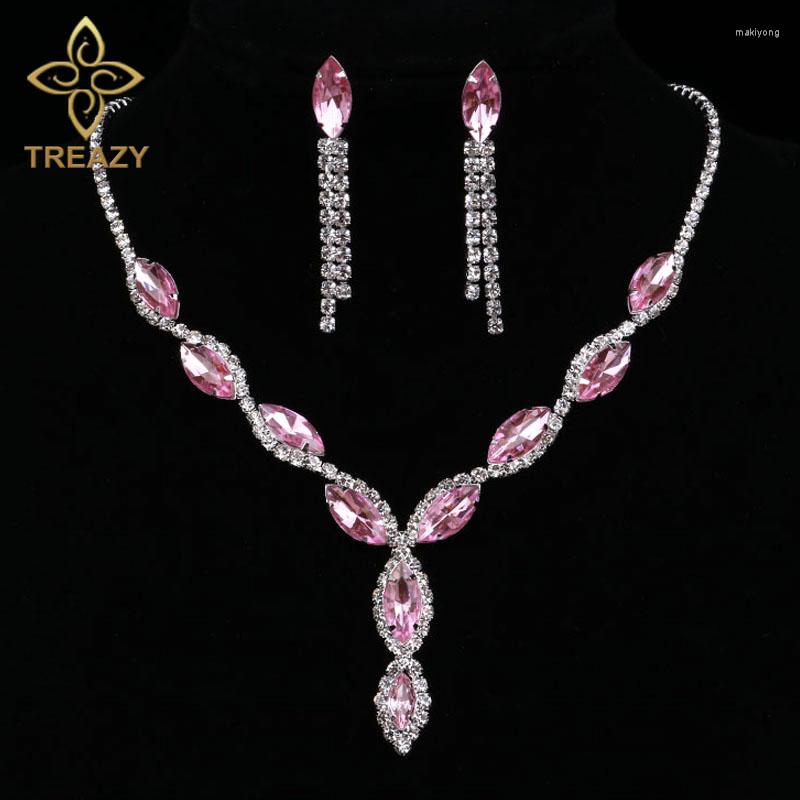 

Necklace Earrings Set TREAZY Silver Plated Leaf Tassel Wedding For Women Charm Pink Crystal Long Bridal, Picture shown
