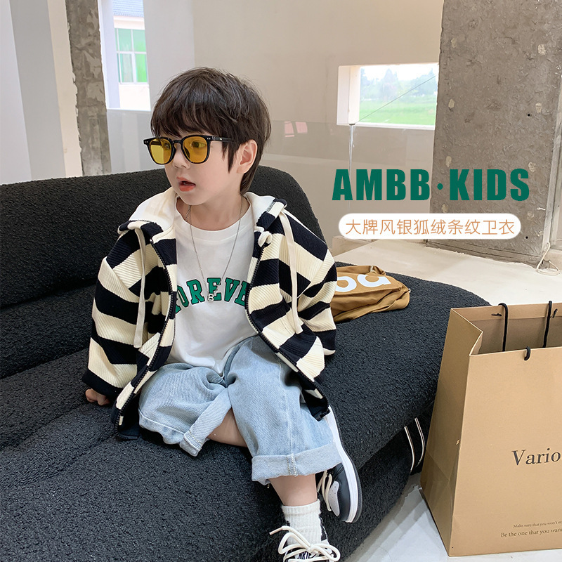 

Pullover Children's coat AutumnWinter style warm hooded sweater velvet stripe handsome top keep clothes 324 221125, As photo