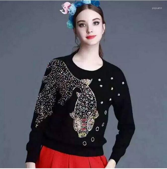 

Women's Sweaters Luxury Runway Fashion Blue Heavy Embroidery Flowers Sweater Crystals Beading Knitwear Women Pullover AW360, White