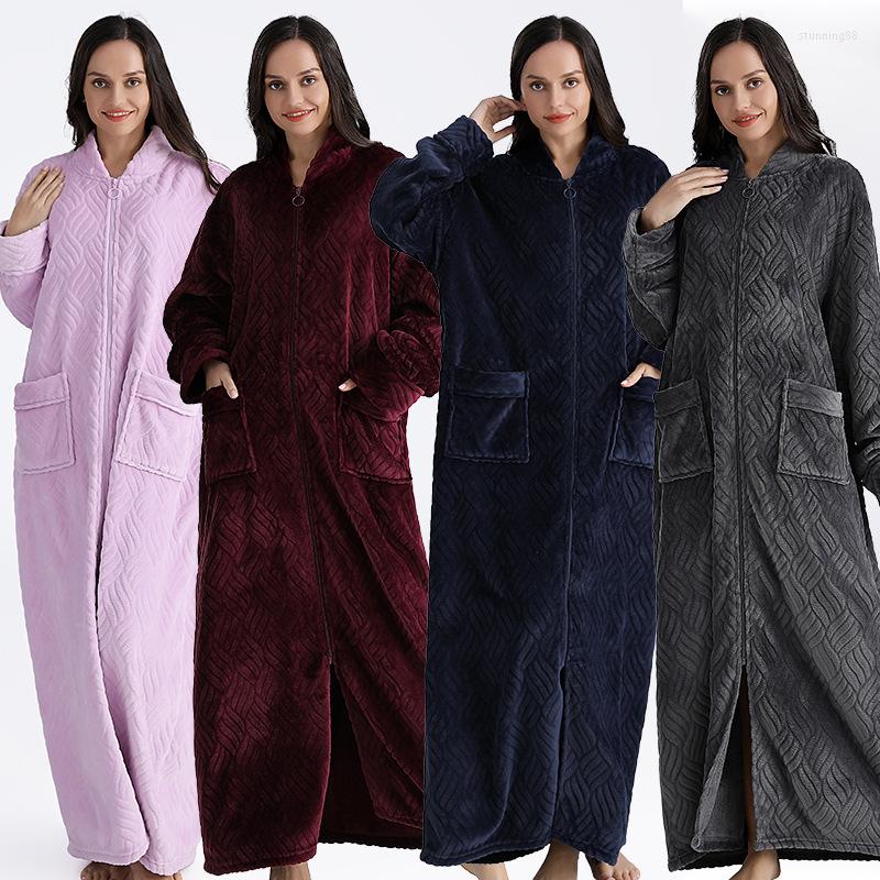 

Women's Sleepwear Thickened Flannel Long Robe Winter Women Nightgown Home Wear Coral Fleece Zipper Nightdress Loose Casual Nightwear, Gray