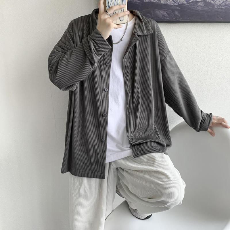 

Men's Casual Shirts Korean Pleated Men Oversized Nice Spring Long Sleeve Blouse Solid Color Single Breasted Male, White