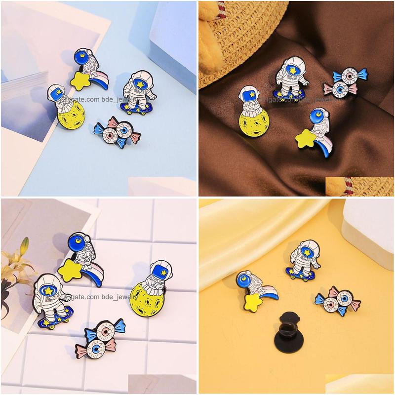

Pins Brooches Creative Star Moon Space Astronaut Brooches 4Pcs /Set Rainbow Eyeball Candy Skateboard Paint Brooch For Women Denim S Dhfre
