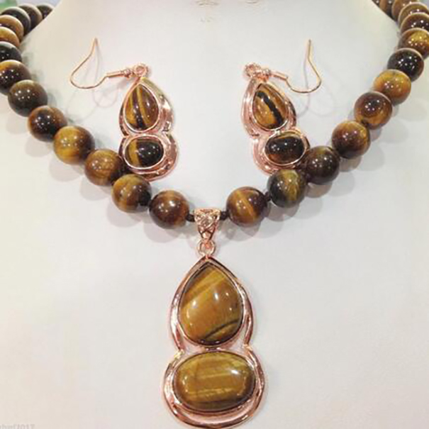 

10MM GENUINE TIGER EYE stone ROUND BEADS NECKLACE PENDANT EARRING SET