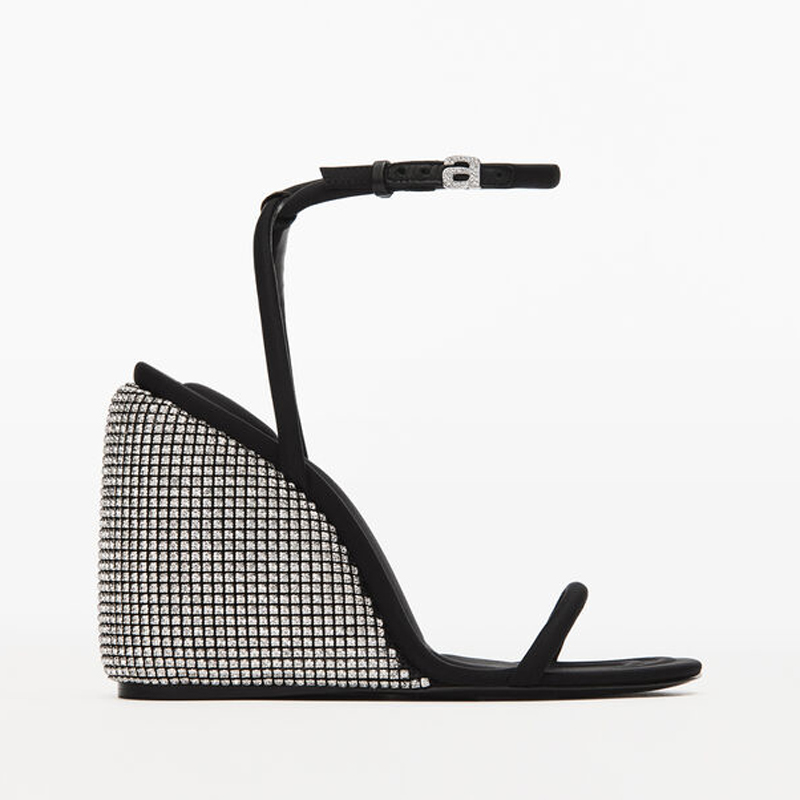 

Dress Shoes Black nylon lace-up sandals with white rhinestone crystal wedges and ankle LACES decorated logo lettering'9.5cm, 1#9.5cm