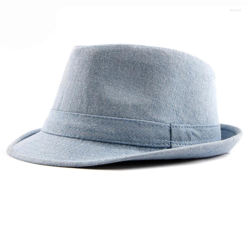 

Berets HT1749 2022 Spring Summer Hat Cotton Denim Jazz Cap Men Women Classic Panama Bowler Fedora Solid Plain Fedoras, Dark blue