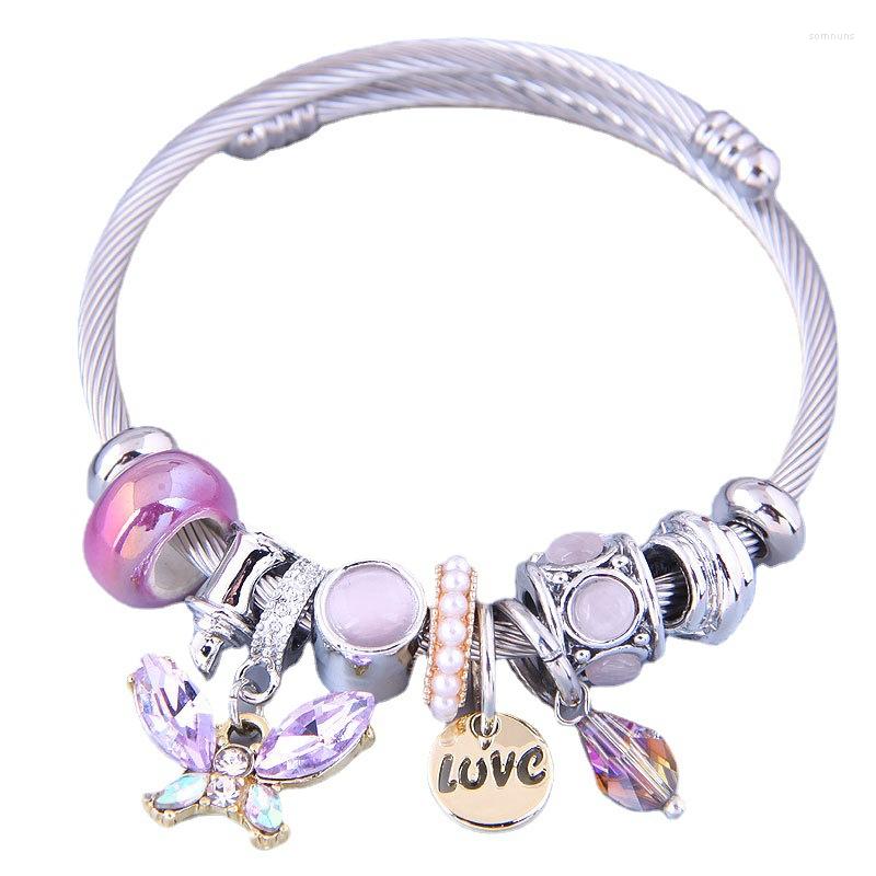 

Bangle Crystal Butterfly Bracelet For Women Stainless Steel Jewelry Homme Adjustable Opening Fashion Accessories