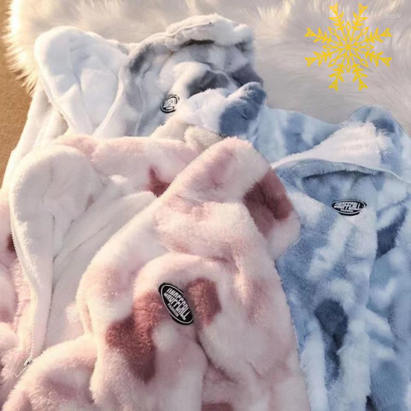 

Women's Fur Woman Zipper Jacket Real Coat Winter Clothes Women Long Sleeve Tops Streetwear Warm Tie-Dye Teddy Faux, Blue