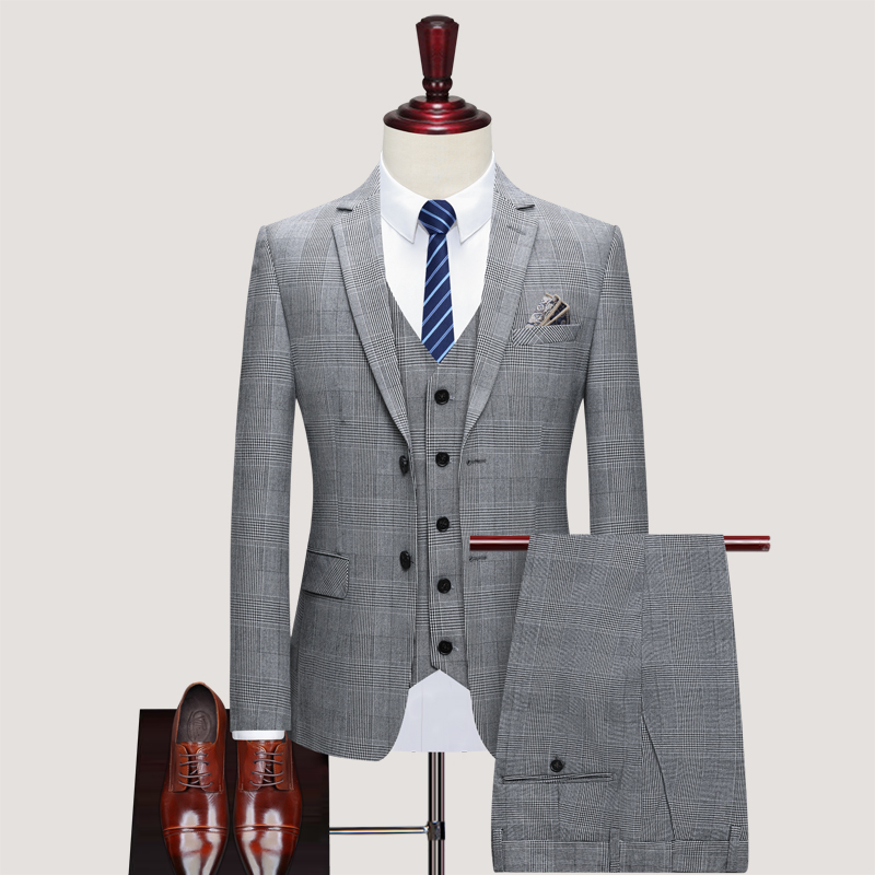 

Blazer Vest Pants High-end Brand Boutique Fashion Classic Plaid Houndstooth Mens Formal Office Business Suit Groom Wedding Dress, Gray 2 pces