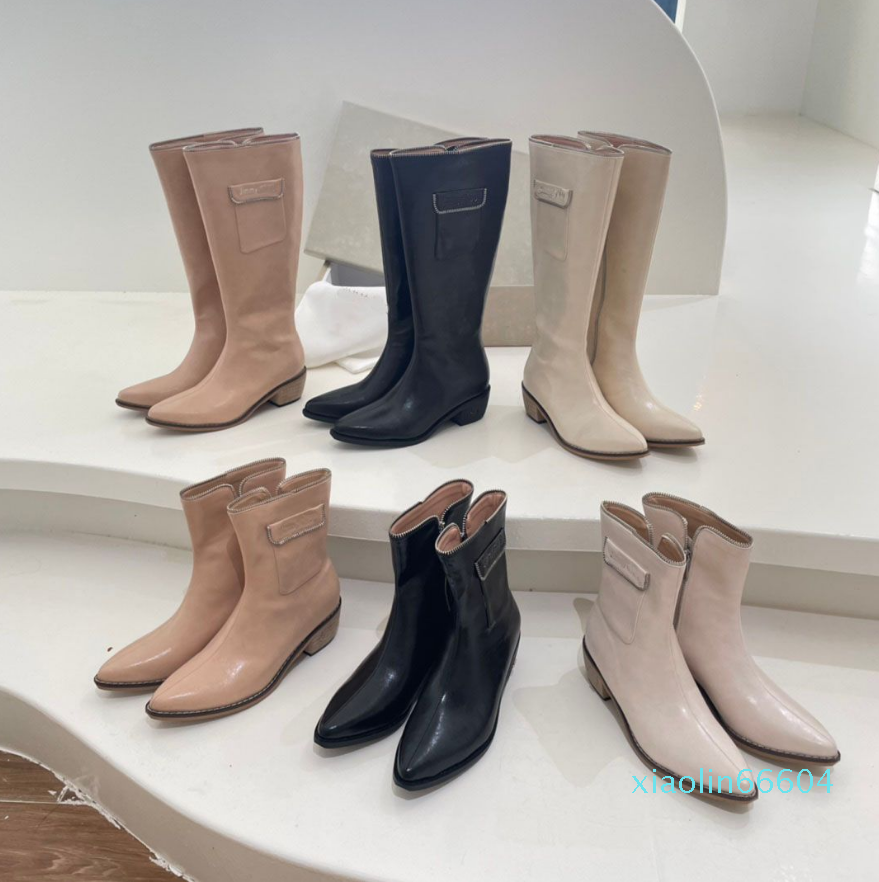 

Pocket Boots Pointed Boot Martin Shoes Half Boots Fashion Booties Designer Women Zipper Thick Heels Knee Ankle, Color1