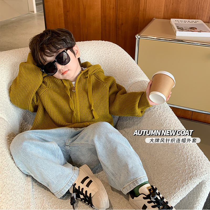 

Cardigan Children's coat Boys' autumn knitted hooded sweater Rabbit velvet core spun cardigan top outerwear 331 221125, Yellow