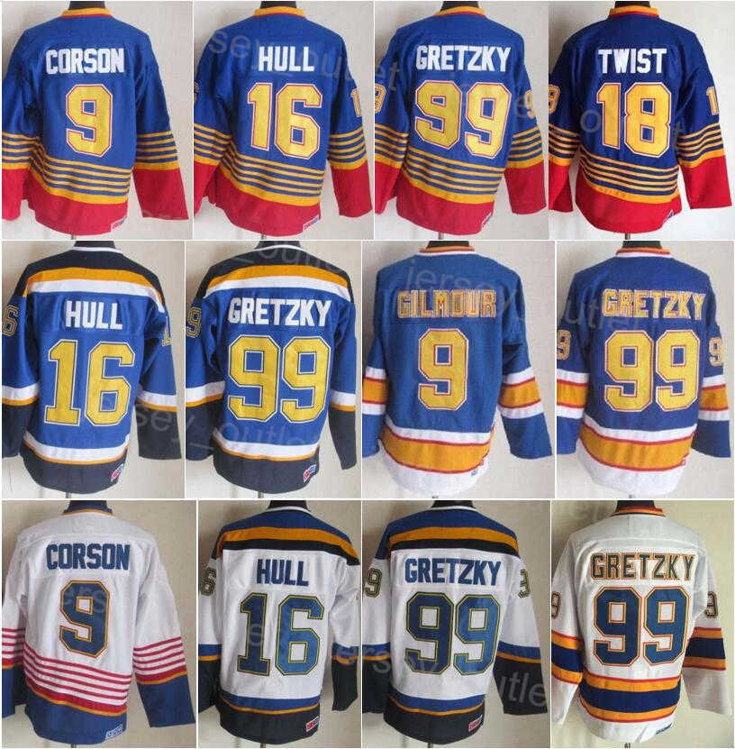 

Men Retro Hockey 16 Brett Hull Jersey Vintage Classic 9 Doug Gilmour 99 Wayne Gretzky 18 Tony Twist 1995 1996 CCM Blue White Red