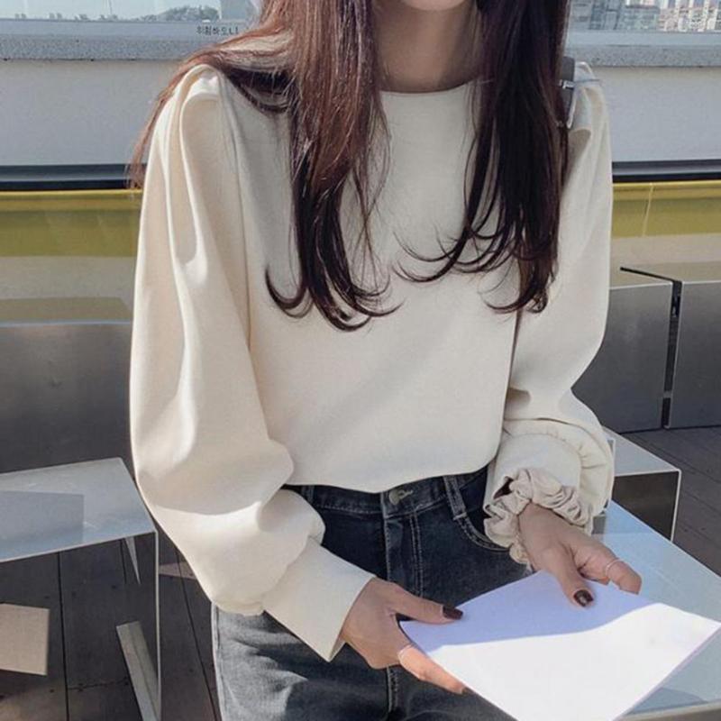 

Women' Blouses Spring Summer Women' Shirt Women Tops Solid Color O Neck Long Sleeve Loose Lady Elegant Streetwear, Blue