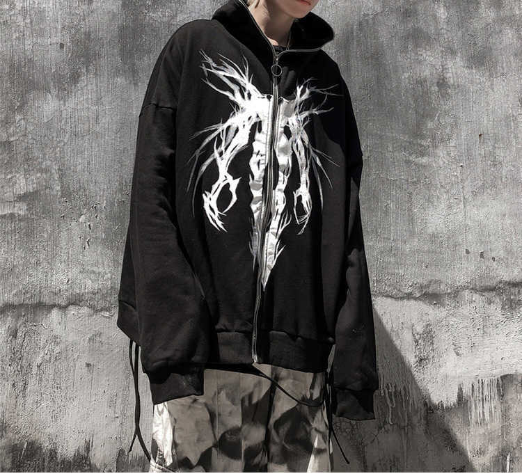 

Men's Hoodies Sweatshirts Aolamegs Punk Graphic Print Zipper Ribbon Hooded Hoodie Men Black Cool Oversize Coat Fashion Sweatshirt Streetwear Autumn Wt2200