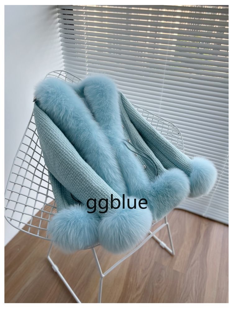 

OFTBUY 2022 New V-neck Real Fur Coat Winter Jacket Women Natural Fox Fur Weave Knit Buttons Blended Casual Thick Warm Tweed, Blue beige