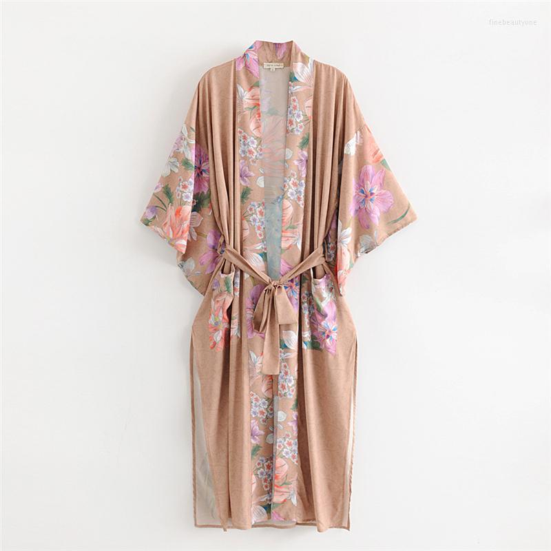 

Women' Sleepwear 2022 Autumn Wholesale Ladies Pajamas Robe Printed Kimono Lace Cardigan Loose Soft Split High Quality Night Gown, Color1