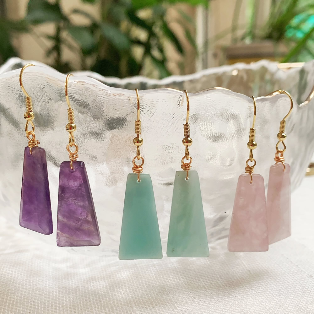 

Natural Crystal Stone Dangle Earrings for Women Geometric Charm Shiny Obsidian Amethyst Lapis Pink Crystal Rose Quartz Earring
