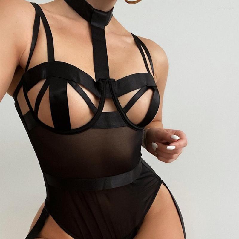 

See Through Lingerie Mesh Clothing Sexy Set Ladies Halter Bodysuit Sexy Women Porno Body Suits Hollow Out Adult Erotique Lingere, Red
