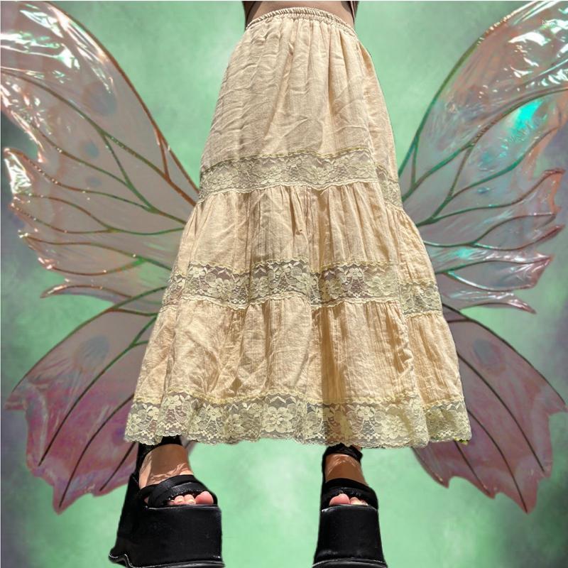 

Skirts Gaono Y2K Fairycore Grunge Pleated Skirt 90s Vintage Kawaii Lace Patchwork High Waist Midi Women Retro Mall Goth Clothes, Beige