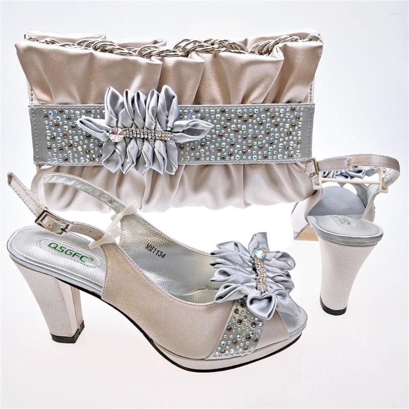 

Dress Shoes Est Elegant Versatile Silver Silk Satin Pumps Everyday Wear Party Women's And Bags Set, Photo color