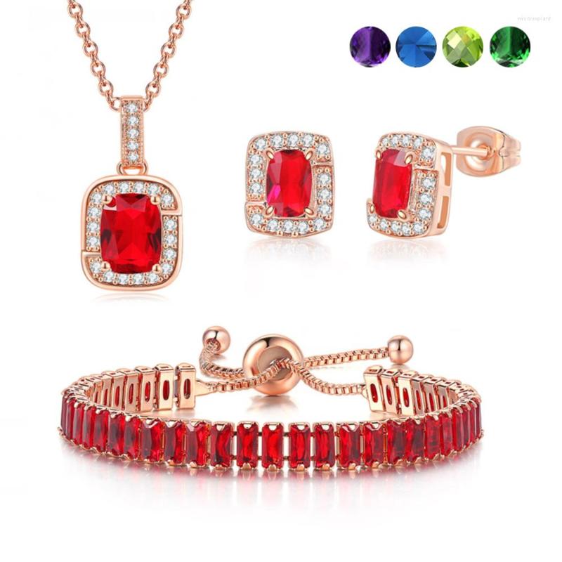 

Necklace Earrings Set Luxury Wedding Bride 3PCS Jewelry For Women Red Zircon Rose Gold Color Earings Bracelet Accessories Wholesale S443, Picture shown
