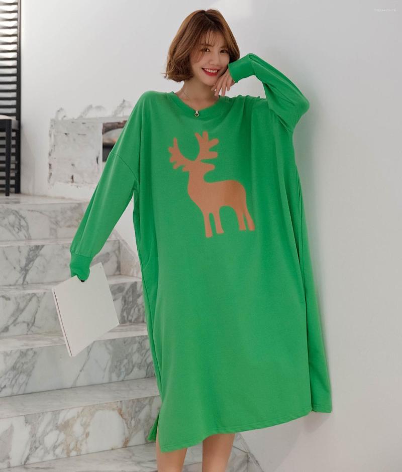 

Women's Sleepwear Sweet Cartoon Night Dress Oversize Women Autumn Long Sleeve Cute Deer Nightgown Loose Terry Nighty Christmas Gift, A-wine red