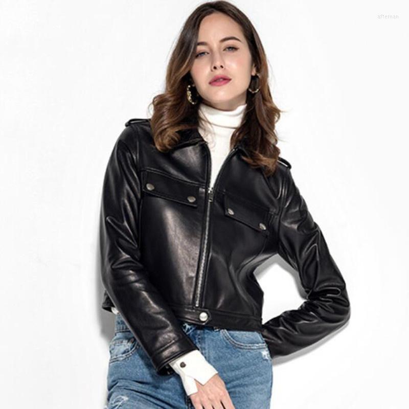 

Women's Leather Natural Lambskin Sheepskin Coat Real Genuine Jacket Women Motorcycle Biker Gothic Oversized Oversize Autumn Winter 2022, Black