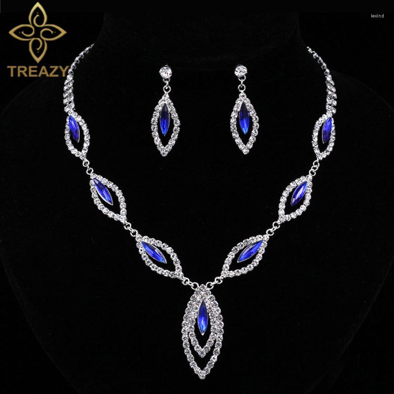 

Necklace Earrings Set TREAZY Fashion Royal Blue Crystal Bridal Silver Plated Leaves Choker Women Wedding, Picture shown